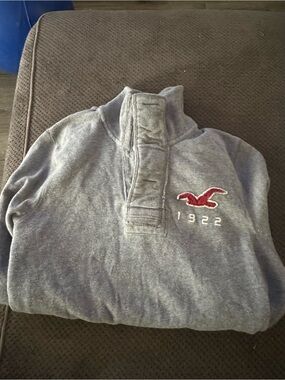 Hollister Gray Quarter-Zip Sweater with Red Seagull Logo